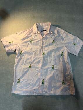 Portuguese Flannel Pioneer Style Light Pink Embroidered Hula Girl Short Sleeve S
